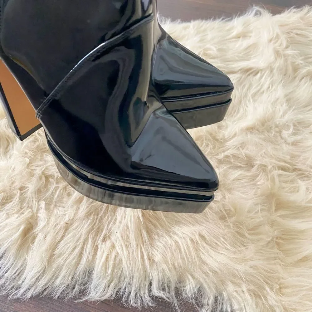 Fashion Nova Black Patent Pointy Thick Platform Mid Calf High Heel Boots US 7.5